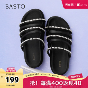 潮流户外休闲一字拖厚底女拖鞋 时尚 E5973BT5 新款 百思图2025夏季