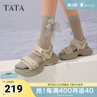 TATA他她厚底沙滩凉鞋女黑色运动凉鞋魔术贴凉鞋春新CXM01BL5奥莱