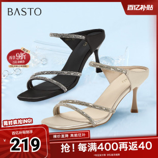 简约百搭潮流一字带细高跟女凉鞋 商场同款 E5061BL5 新款 百思图夏季