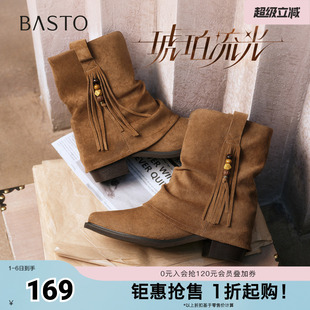 西部堆堆靴时尚 潮流复古粗跟女中靴BP073DZ5 新款 百思图秋冬季