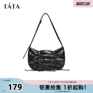 Tata他她法式 X3321CX4奥莱 腋下包女包包褶皱黑色单肩包法棍包新款