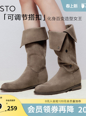 百思图冬季新款时尚简约街头弹力靴高筒靴粗跟女长靴W2671DG4