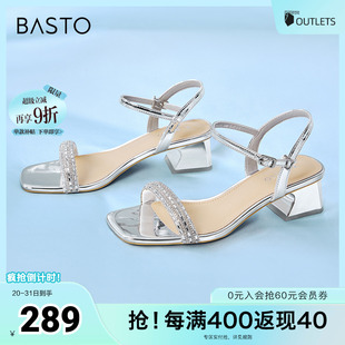 TT109BL4 百思图春夏季 新款 商场同款 时髦潮流一字带粗跟女凉鞋