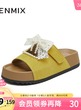 天美意新款蝴蝶结厚底百搭出游外穿沙滩女一字拖KT098BT5