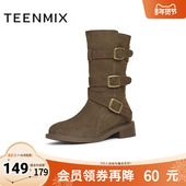 天美意复古西部靴牛仔堆堆靴骑士靴女休闲短靴冬新款 KQZ12DZ4