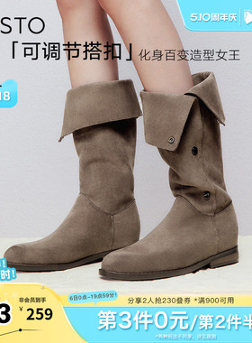 百思图冬季新款时尚简约街头弹力靴高筒靴粗跟女长靴W2671DG4