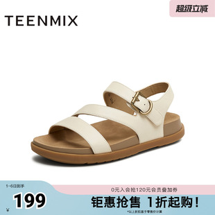 平底百搭简约女一字带凉鞋 CEY16BL5 商场同款 天美意新款