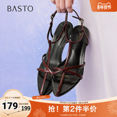 百思图2025夏季 B6301BL5 潮流复古一字带细跟女凉鞋 新款 时尚