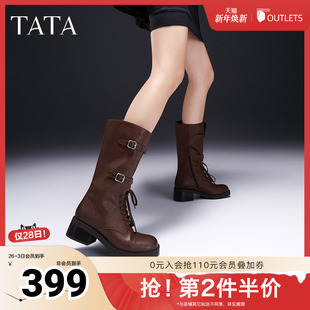 Tata他她复古粗跟中筒靴女鞋 7C671DS4 休闲机车靴骑士靴奥莱冬新款