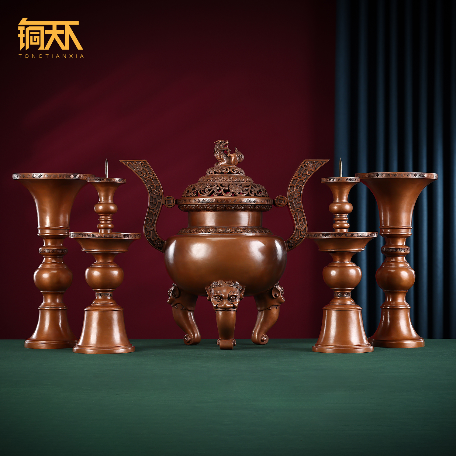 紫铜材质五供香炉花瓶套装