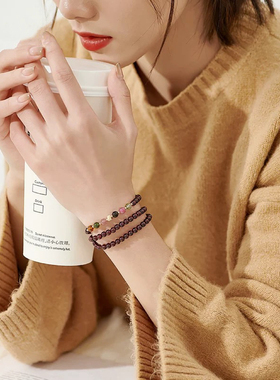 天然酒红石榴石碧玺手链女款小众古风国风礼物转运珠水晶手串多圈