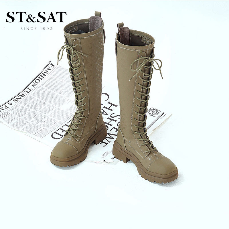 星期六高筒靴骑士靴冬新款圆头厚底长筒简约马丁靴女靴SS24117513