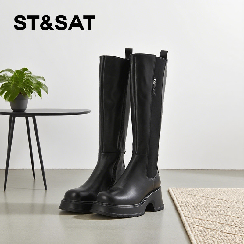 星期六时装靴女英伦风纯黑复古耐脏显瘦粗高跟通勤长靴SS24117533,女鞋,时装靴,淘宝优惠券,粉丝福利购,淘宝优惠卷