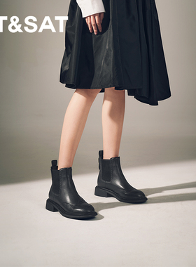 星期六切尔西靴冬季新款厚底百搭通勤时尚黑色女靴SSC4116471