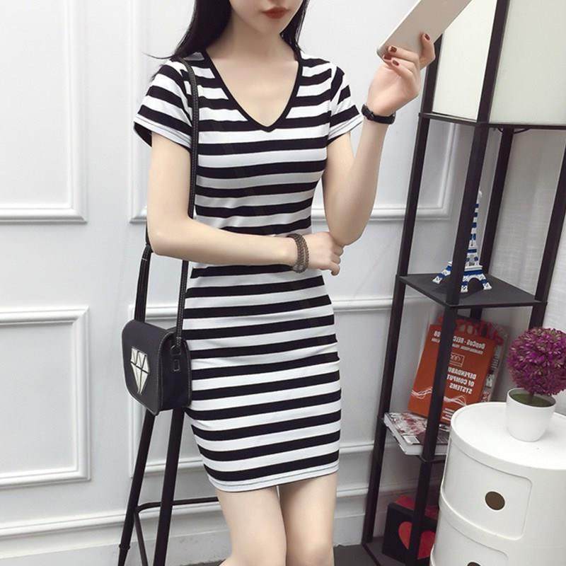 t-shirt summer V-neck stripe Mid length version Show thin Package hip Self cultivation Backing skirt Korean Edition Large Half sleeve coatin the Women's clothing/Boutique , Skirts  category - from Buy2taobao.com to provide professional Taobao agent buy service
