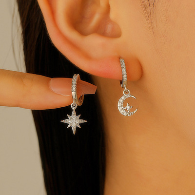 New Star Moon Asymmetric Earrings Earhooks Temperament 耳环