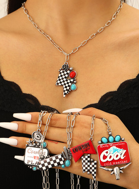 New Checkered Western Cowboy Punk Chain Pendant Necklace项链