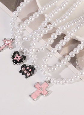 Retro Girls Jewelry Pink Cross Cat Pendant Pearl Necklace 饰