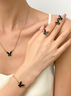 Dripping black butterfly necklace stud ring ring bracelet