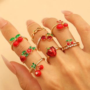 Strawberry Cherry Open Ring fruit 戒指women Female Cute