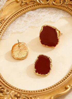temperament alloy irregular Vintage wine red earrings rings