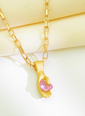 欧美ins新款手掌拿粉色爱心项链