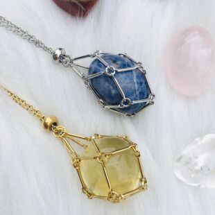 Interchangeable crystal stone woven metal net bag necklace