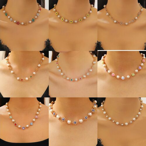 Pearl flower colorful gemstones women's collarbon necklace