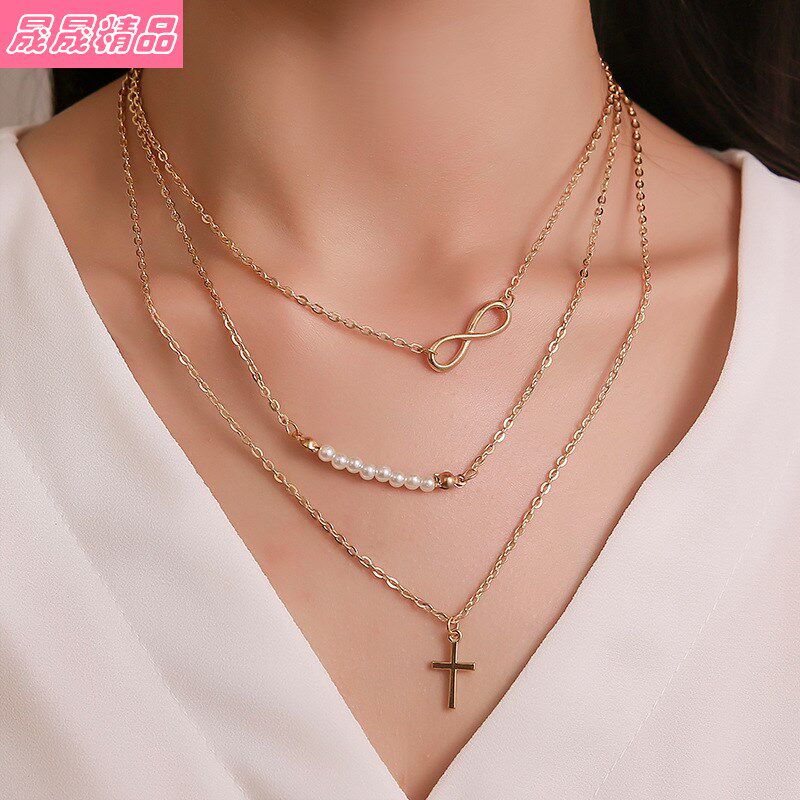 fashion necklace pearl cross pendant clavicle choker set项链