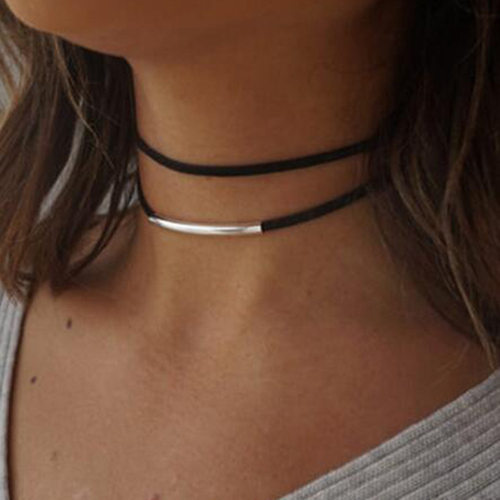 Flannel double-layer short collar black women's necklace项链