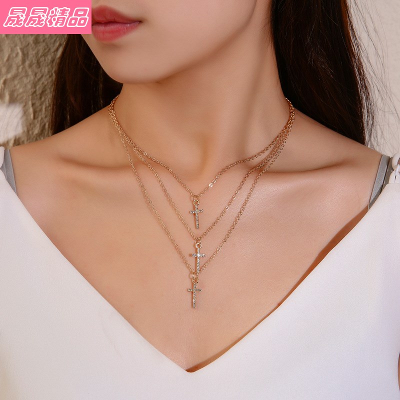 Creative diamond cross necklace Women Elegant clavicle chain 饰品/流行首饰/时尚饰品新 项链 原图主图