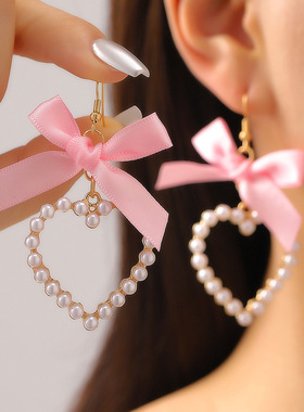 Small sweet bow ribbon love girl pink earrings爱心粉红色耳环
