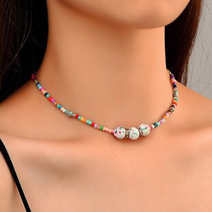 ethnic style accessories colorful rice bead women necklace