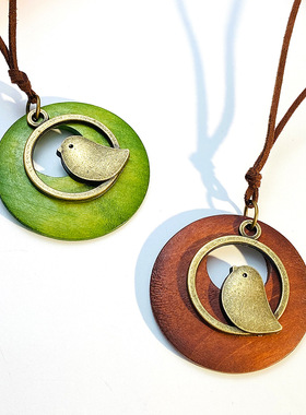 Ethnic style sweater chain retro bird wood pendant necklace