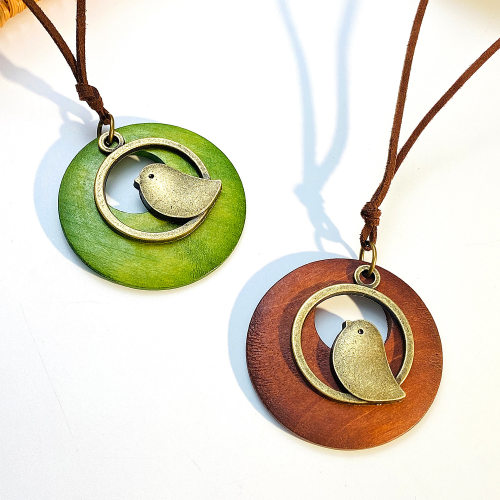 Ethnic style sweater chain retro bird wood pendant necklace
