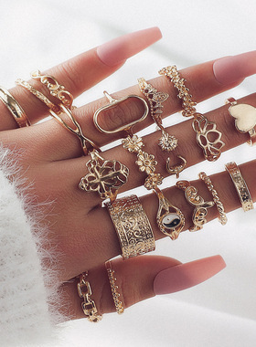 复古戒指女Ring Set Women Retro Love Flower Chain Cross rings