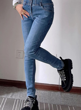 巨显瘦加绒加厚厚实修身高腰蓝色百搭显腿长牛仔裤子保暖裤秋冬季