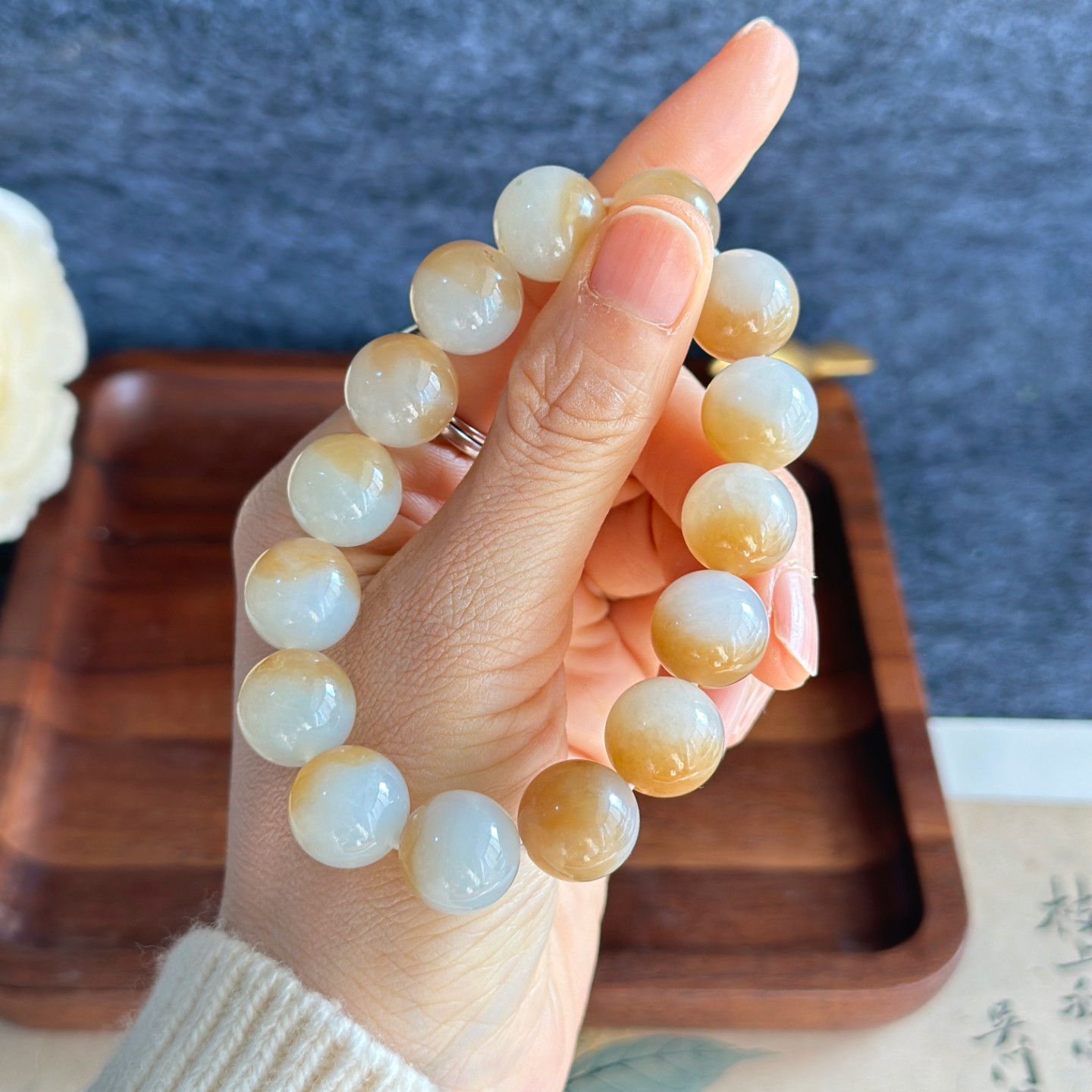精品天然新疆和田玉且末金山矿糖白玉手串14mm圆珠单圈玉石手链