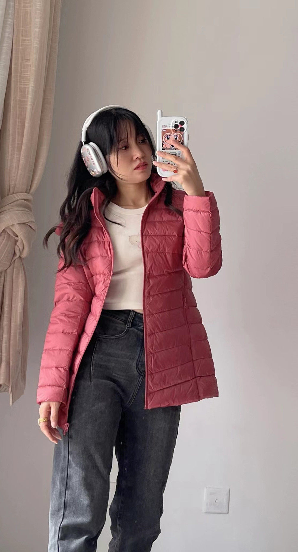 2件超值轻薄款简洁经典白鹅绒连帽纯色中长款保暖羽绒服女秋冬