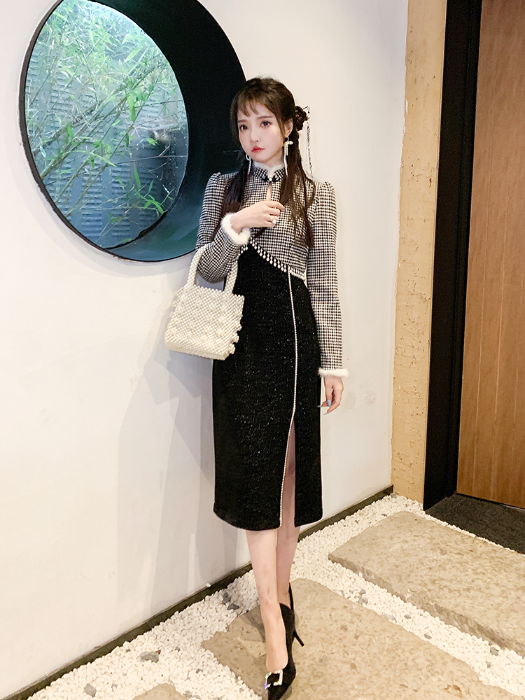 威丝璐时尚千鸟格改良呢子旗袍裙