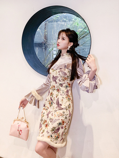 拼接兔毛复古时尚 威丝璐 原创荷叶袖 信 改良国风旗袍裙 远方