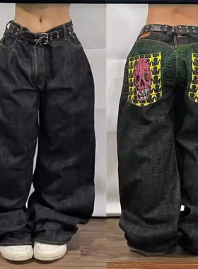 Y2K American New Pattern Jeans Men Vintage HipHop Joker Pant