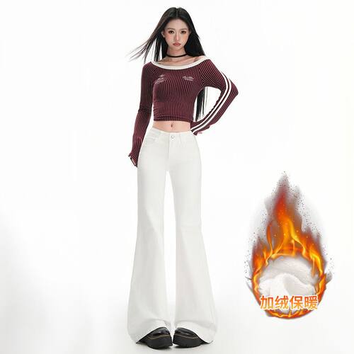 women american retro jeans wide leg denim pants加绒微喇叭