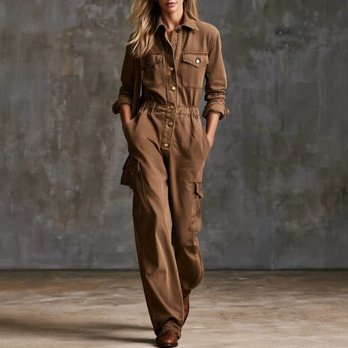 Women's Lapel Long Sleeve Button Down Cargo Jumpsuit Outfit