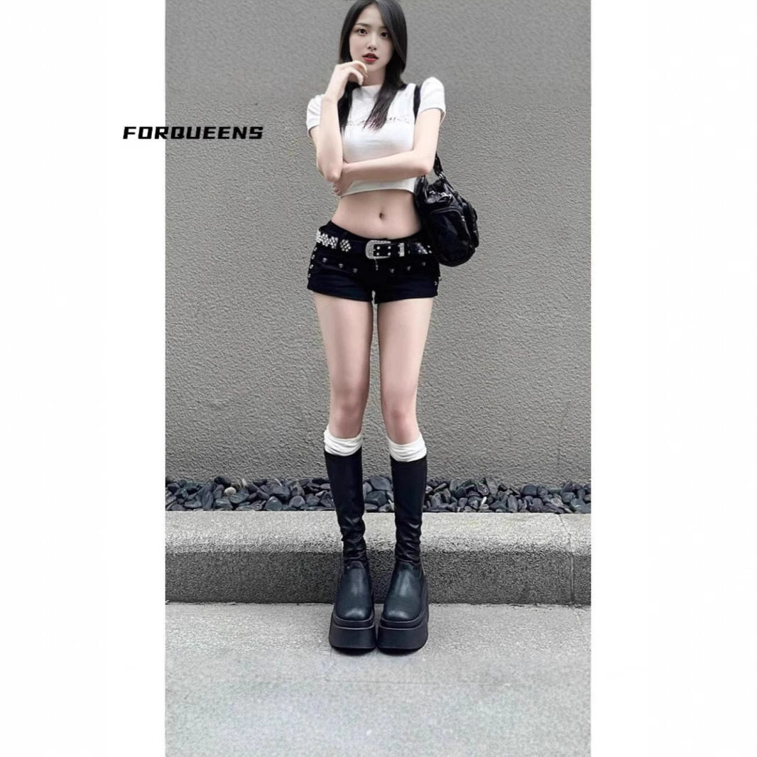 y2k jeans shorts美式辣妹y2k短裤黑色新款性感低腰包臀柳钉牛仔
