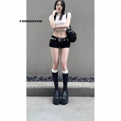 y2k jeans shorts美式辣妹y2k短裤黑色新款性感低腰包臀柳钉牛仔