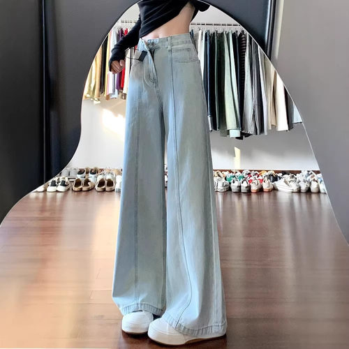 women american retro jeans wide leg denim pants美式浅蓝色