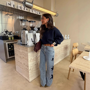 Leisure Five Star Decorated Straight Leg Jeans Women's Pants