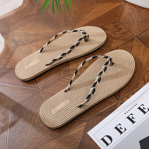 men slides slippers flip flops新款仿草编简约夹脚平底人字拖