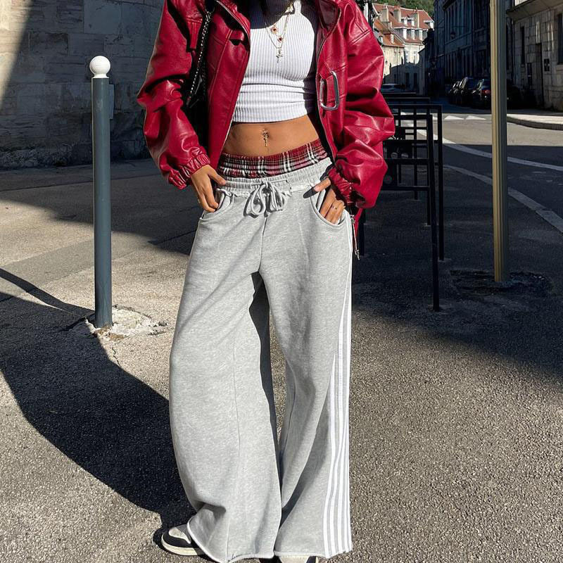 Y2K Street Pants Double Waist美式休闲运动裤侧边三条杆拼接